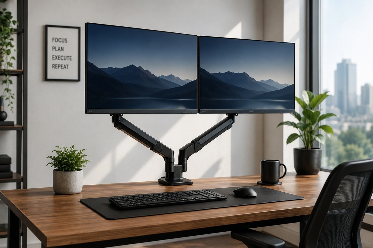 Dual monitor arm workstation for ergonomic display positioning and productivity