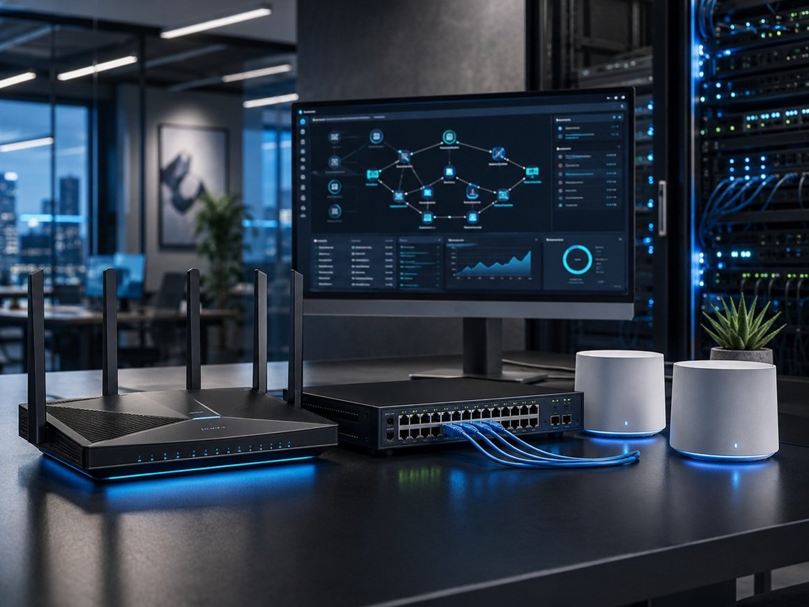 Modern office networking setup with business router, network switch, mesh WiFi system, and secure connectivity equipment