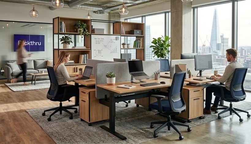Complete Modern office workstation with monitors, desks and chairs