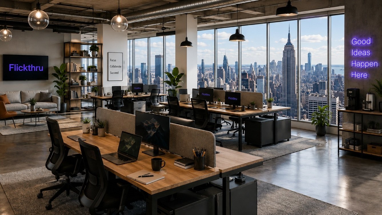 Modern office workspace with furniture, technology and productivity equipment
