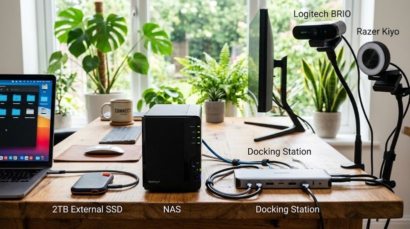 Modern office technology setup with laptop accessories, storage devices, webcam, microphone, and document scanning equipment