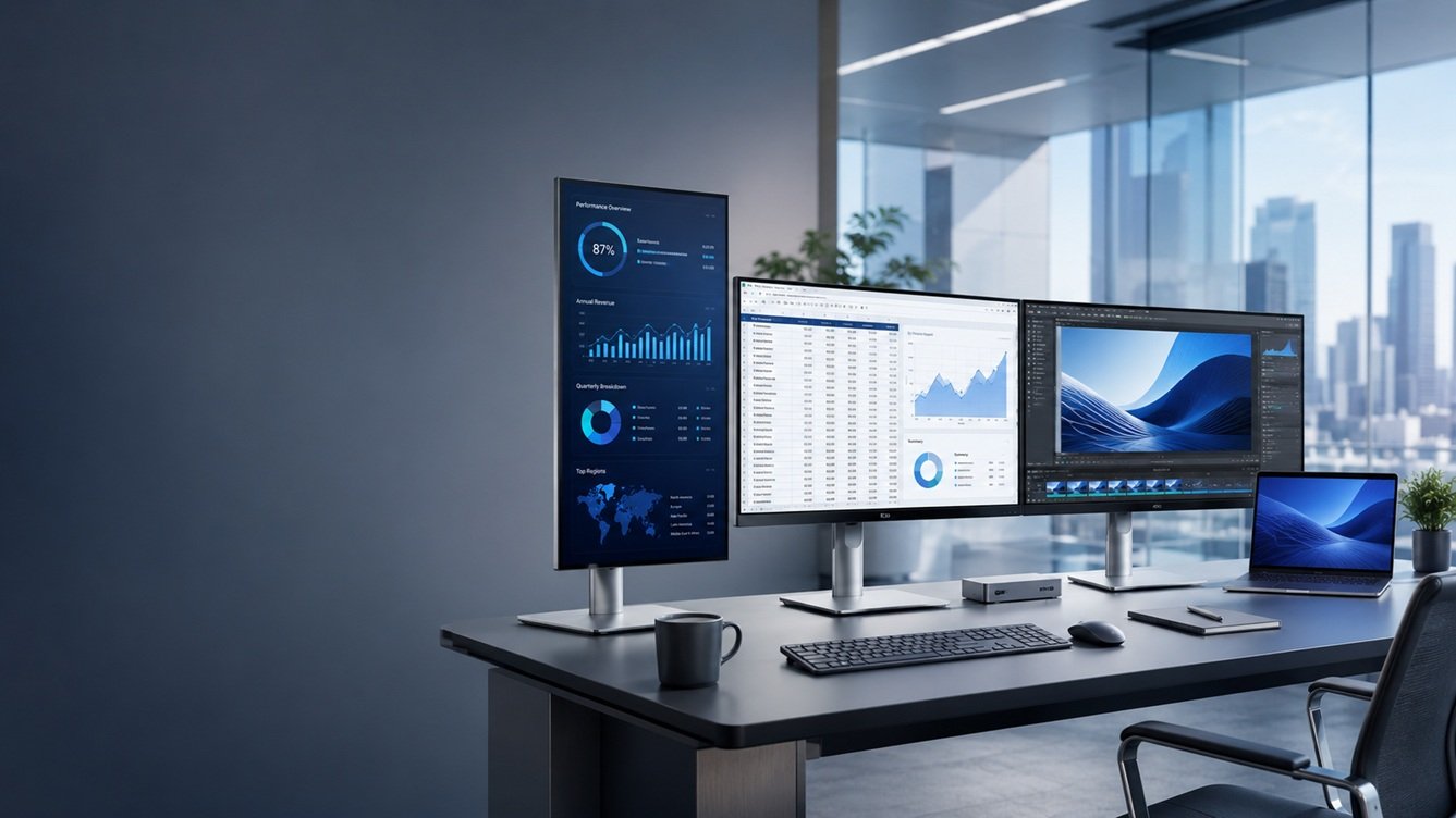 Professional office monitor setup for productivity and multitasking