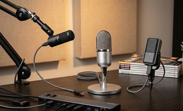 USB microphone on a desk for office calls, recording, and remote meetings