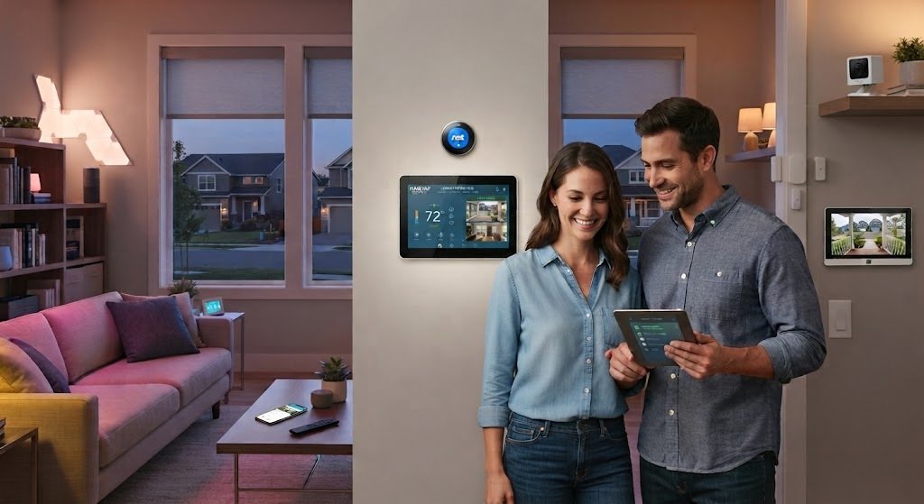 White smart security camera mounted outdoors in daylight
