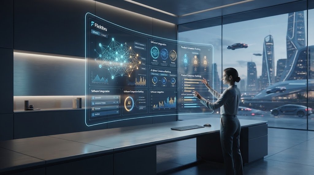 Futuristic data intelligence dashboard showing software consensus rankings and neural networks inside a modern workspace