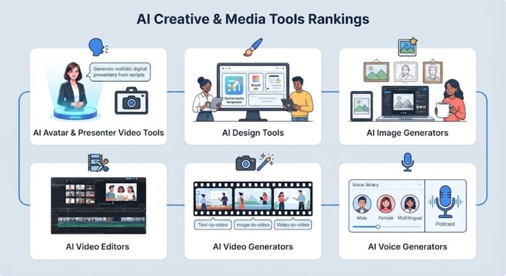 Infographic of AI creative and media tool categories: avatar and presenter video tools, design tools, image generators, video editors, video generators and voice generators