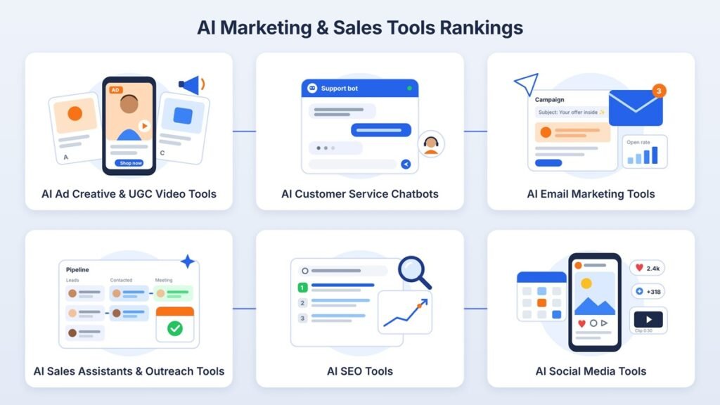 AI Marketing & Sales Tools Rankings: AI ad creative and UGC video tools, AI customer service chatbots, AI email marketing tools, AI sales assistants and outreach tools, AI SEO tools, and AI social media tools